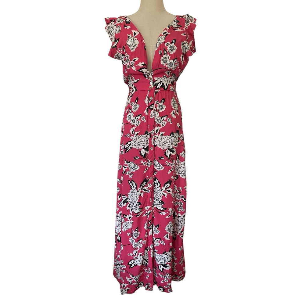 Maaji‎ Dress Pink Floral Maxi Deep V Backless Boho Resort Cover Up Sz S